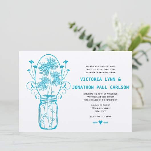 Die Cut Aqua Blue Mason Jar Wildflower Bruiloft Kaart (Staand voorkant)