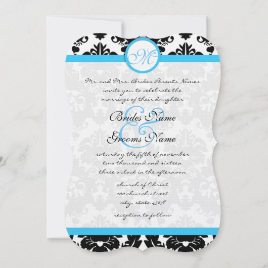 Die Cut Aqua Damask Heart Swirl Wedding Invite Kaart (Achterkant)