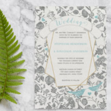 Die Cut Aqua Gray Floral Pattern Love Bird Wedding