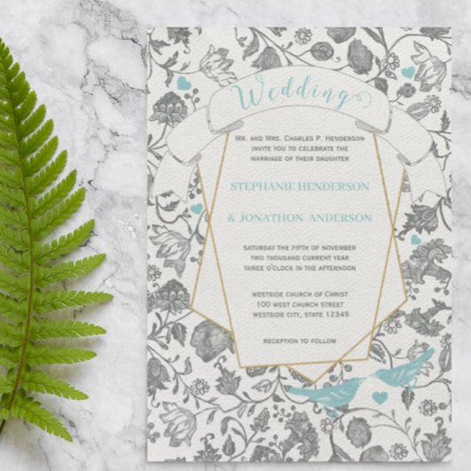 Die Cut Aqua Gray Floral Pattern Love Bird Wedding Kaart