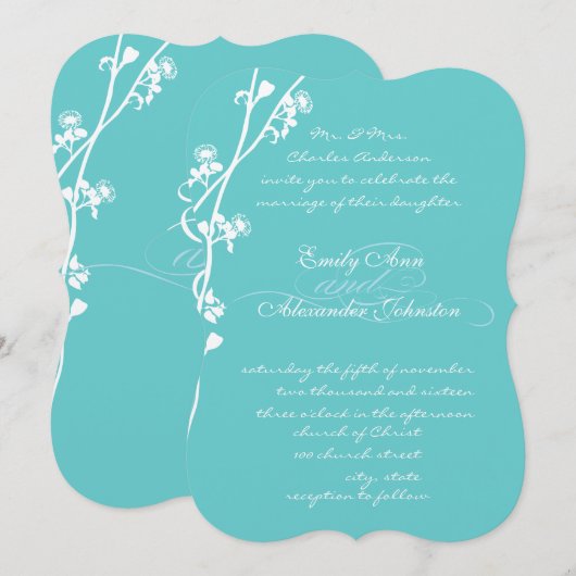 Die Cut Aqua Wild Flower Branch Wedding Kaart (Voorkant / Achterkant)