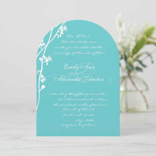 Die Cut Aqua Wild Flower Branch Wedding Kaart (Staand voorkant)