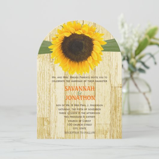 Die Cut Barn Wood Sunflower Wedding Invitation Kaart (Staand voorkant)