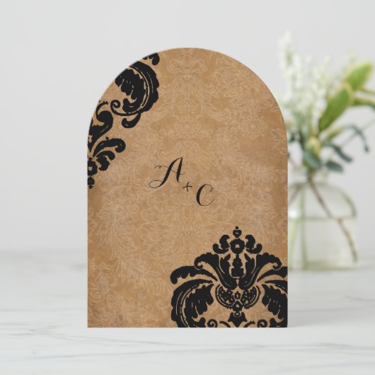 Die Cut  Black Damask Wedding Kaart (Staand voorkant)