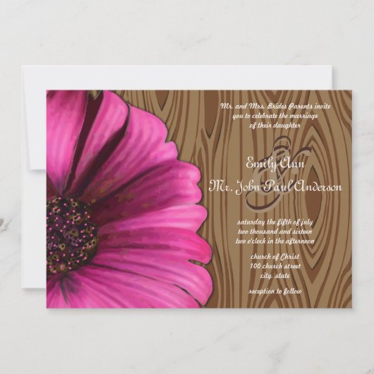 Die Cut Fuchsia Gerber Daisy Wood Grain Wedding Kaart (Voorkant)