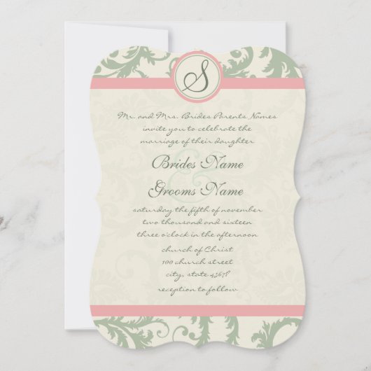 Die Cut Green Dusty Roos Damask Wedding Kaart (Voorkant)