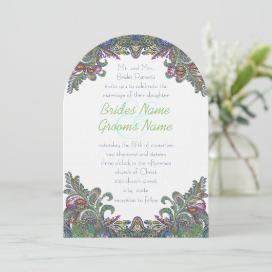 Die Cut Green Raspberry Blue Wedding Invitation Kaart (Staand voorkant)