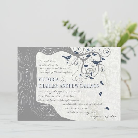 Die Cut Grey Navy Love Bird Wedding Invitations Kaart (Staand voorkant)