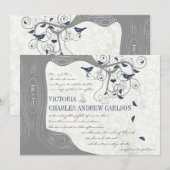 Die Cut Grey Navy Love Bird Wedding Invitations Kaart (Voorkant / Achterkant)