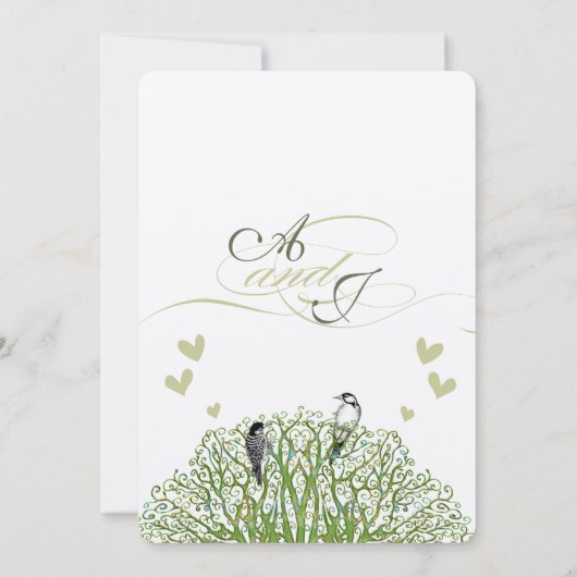 Die Cut Love Bird Green Tree Weduwen Uitnodiging (Achterkant)