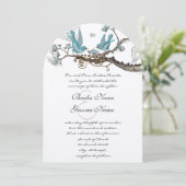 Die Cut Lovebird Aqua & Pink Wedding Invite Kaart (Staand voorkant)