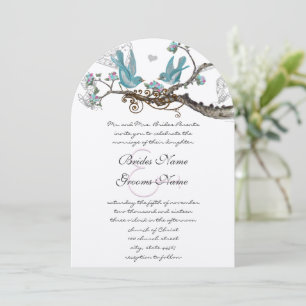Die Cut Lovebird Aqua & Pink Wedding Invite Kaart