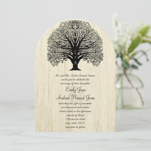 Die Cut  Old Barn Wood Tree Wedding Invite Kaart (Staand voorkant)