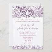 Die Cut Paarse Tortelduifjes Damask Monogram Weddi Kaart (Voorkant)