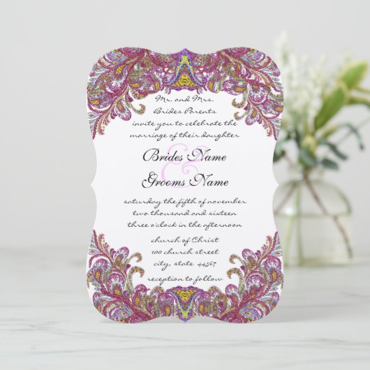 Die Cut Raspberry Paisley Wedding Invitations Kaart (Staand voorkant)