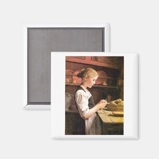 Die kleine Kartoffelschälerin Girl Peeling Potatos Magneet (Voorkant / Achterkant)