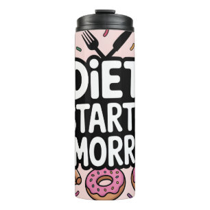 Dieet begint morgen omringd door eten thermosbeker