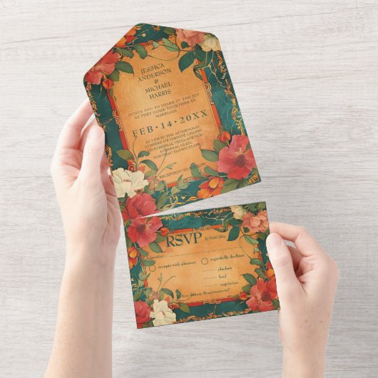 🌹Dieetkeuze Roos Romance: Art Nouveau All In One Uitnodiging (Afscheurbaar)