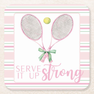 "Dien het sterk op" Roze tennisracket Kartonnen Onderzetters
