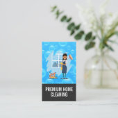 Dienstmeisje met bezem en schoonmaakgerei visitekaartje (Staand voorkant)