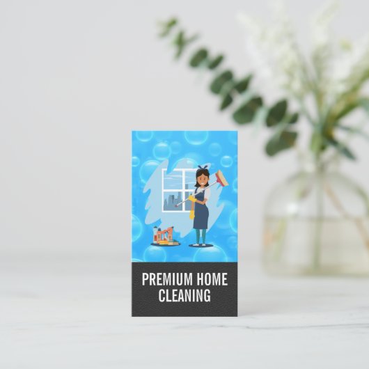Dienstmeisje met bezem en schoonmaakgerei visitekaartje (Staand voorkant)