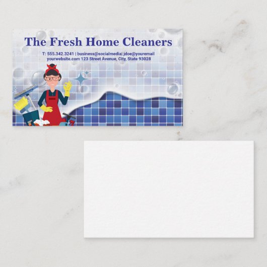 Dienstmeisje met haar schoonmaakgereedschap | Zeep Visitekaartje (Voorkant / Achterkant)