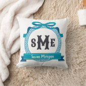 Diep Aqua Blauw Griekse Sleutel Boog Monogram Kussen (Deken)