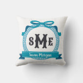Diep Aqua Blauw Griekse Sleutel Boog Monogram Kussen (Achterkant)