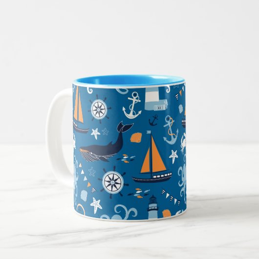 Diep blauw Alle Dingen Nautisch Tweekleurige Koffiemok (Voorkant links)