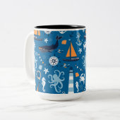 Diep blauw Alle Dingen Nautisch Tweekleurige Koffiemok (Voorkant links)