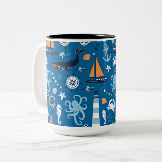 Diep blauw Alle Dingen Nautisch Tweekleurige Koffiemok (Voorkant links)