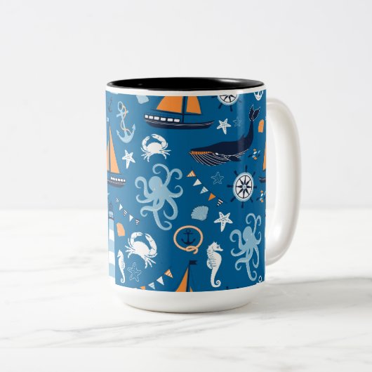 Diep blauw Alle Dingen Nautisch Tweekleurige Koffiemok (Voorkant rechts)
