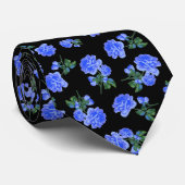 Diep blauw Rozen bloempatroon op zwart Stropdas (Opgerold)