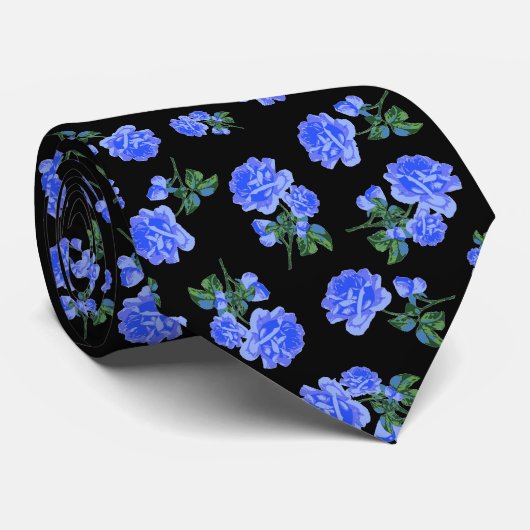 Diep blauw Rozen bloempatroon op zwart Stropdas (Opgerold)
