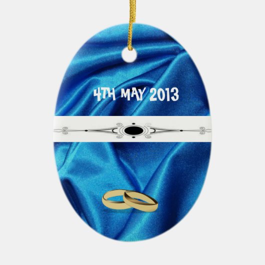 Diep blauw-zijdeeffect bruiloft keramisch ornament (Voorkant)