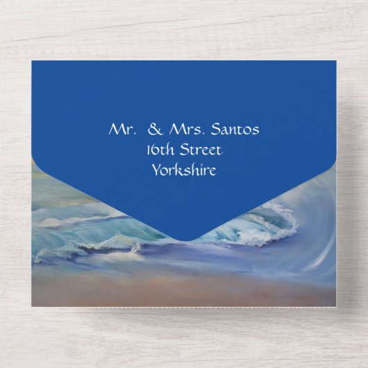 Diep-blauw ZonnestrandAlle op één bruiloft Uitnodi All In One Uitnodiging (Achterkant)