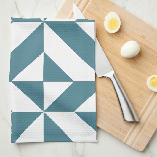 Diep Blauwgroen groen geometrisch decoderpatroon Theedoek (Quarter Fold)