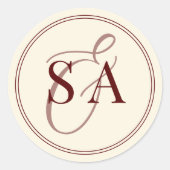 Diep bordeaux ivoor monogram oude geld bruiloft ronde sticker (Voorkant)