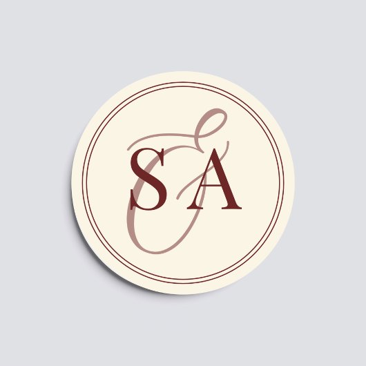 Diep bordeaux ivoor monogram oude geld bruiloft ronde sticker
