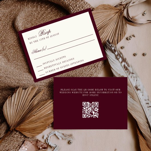 Diep bordeaux ivoor QR-code trouw RSVP kaart