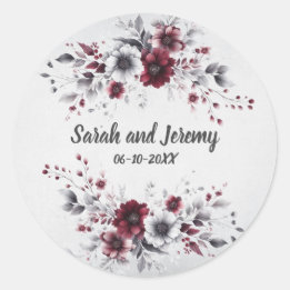 Diep bordeauxrood zilver grijs aquarel bloemmotief ronde sticker