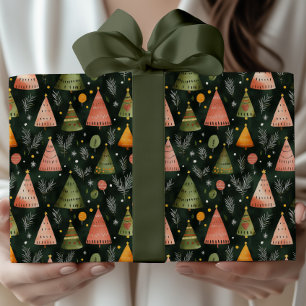 Diep bosgroen Noordse kerstboompatroon Cadeaupapier