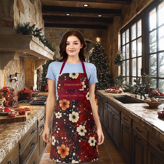 Diep Bourgondisch Schort met Cream Flowers