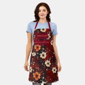 Diep Bourgondisch Schort met Cream Flowers (Gedragen)