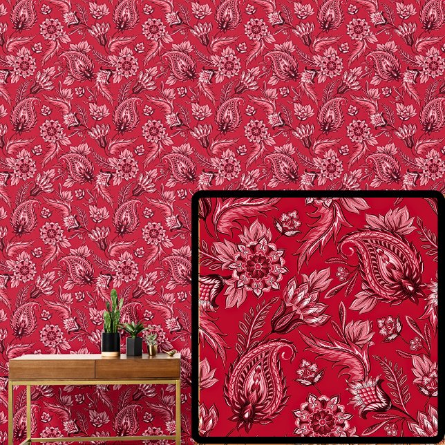 Diep donkerrood bloemenpaisley Elegant Behang (Creator heeft geüpload)
