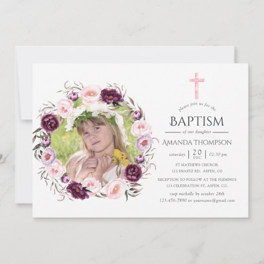 Diep fluweel en Struik roze doop of doop Kaart (Voorkant)