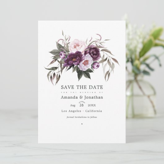 Diep fluwelen bloem bruiloftsfoto save the date (Staand voorkant)