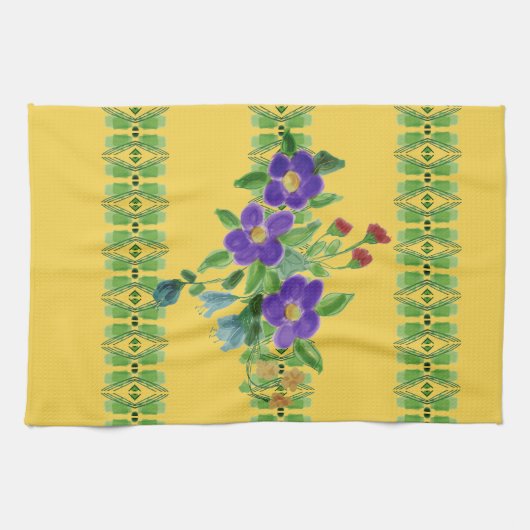 Diep geel met bloemen theedoek (Horizontaal)