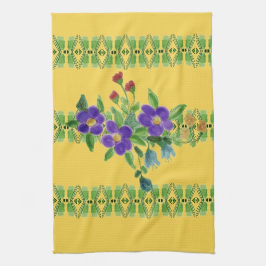 Diep geel met bloemen theedoek (Verticaal)