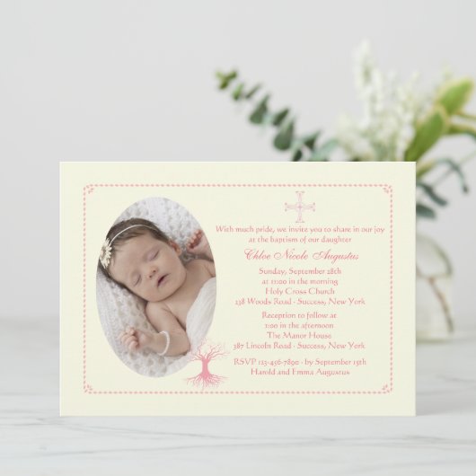 Diep gewortelde roze doop foto uitnodiging (Staand voorkant)